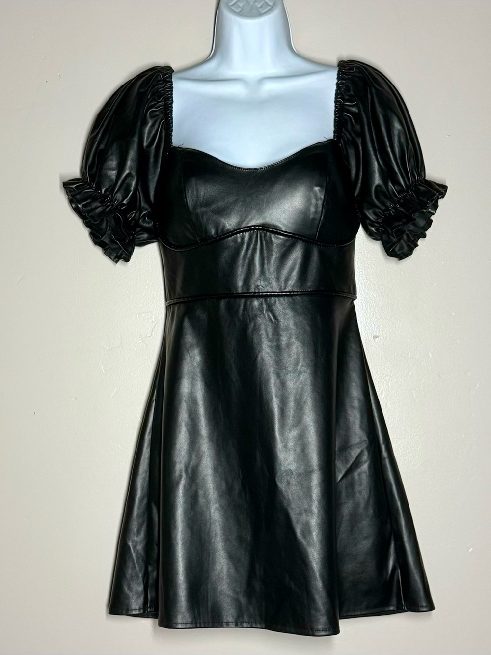 Forever 21 Black Faux Leather Puff-Sleeve Mini Dress
